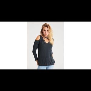 Gray Ribbed Cold Shoulder Top